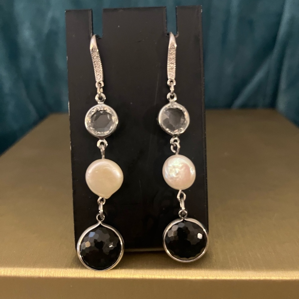 Silver Tone Black Stone and Pearl Dangle Earrings